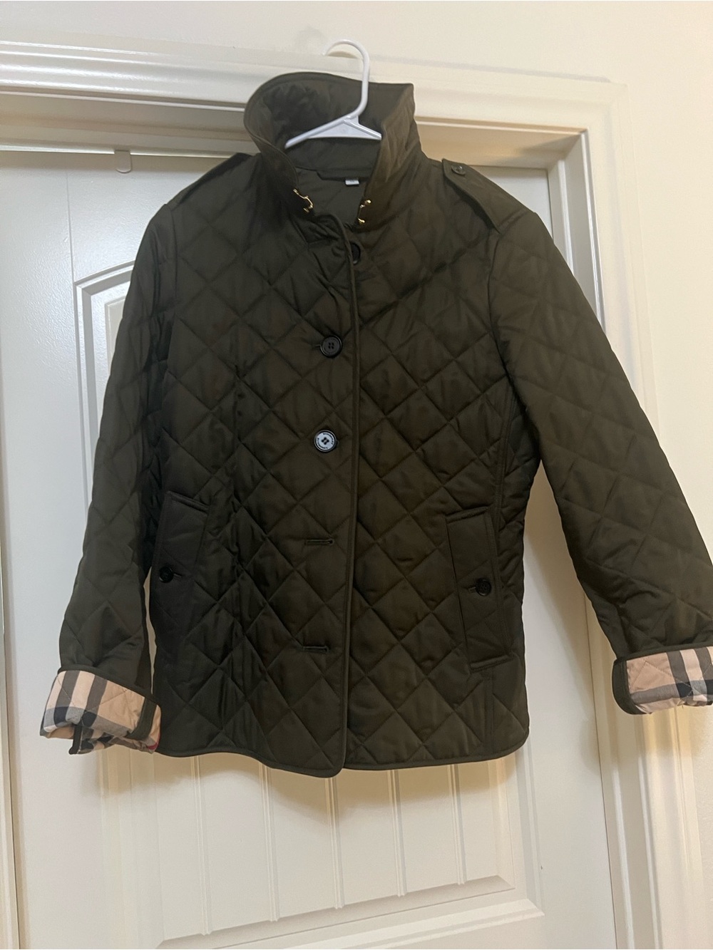 Burberry Olive Green Diamond-Quilted Puffer Jacket with Check Cuff
